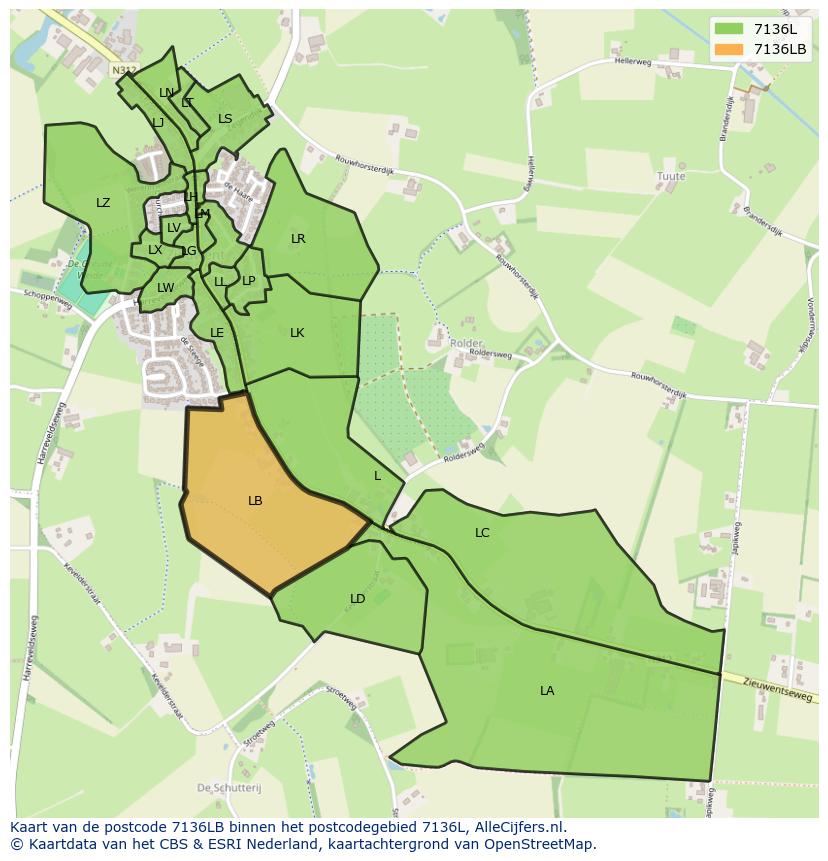 Afbeelding van het postcodegebied 7136 LB op de kaart.