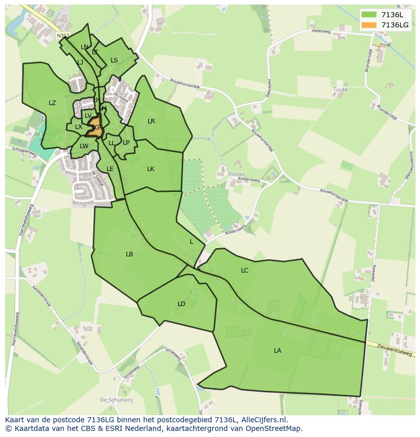 Afbeelding van het postcodegebied 7136 LG op de kaart.