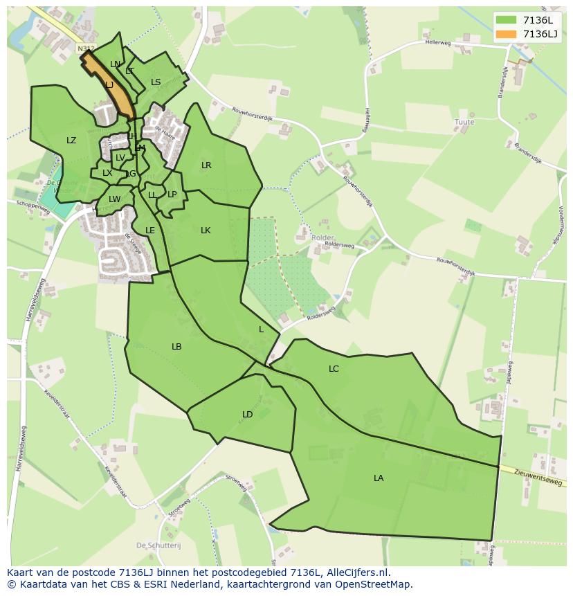 Afbeelding van het postcodegebied 7136 LJ op de kaart.