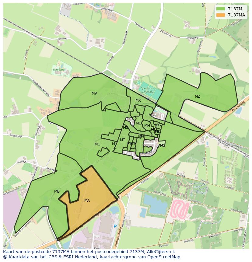 Afbeelding van het postcodegebied 7137 MA op de kaart.