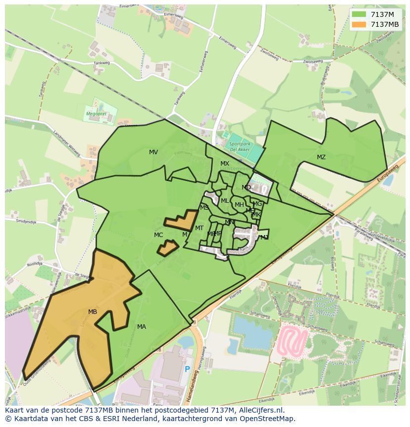 Afbeelding van het postcodegebied 7137 MB op de kaart.