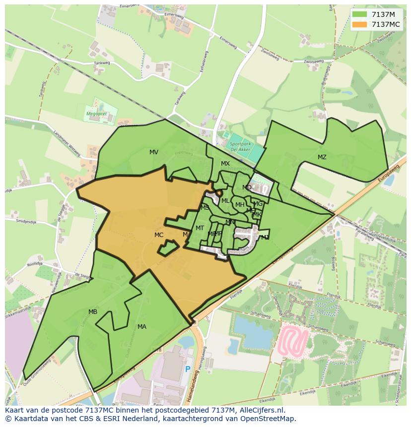 Afbeelding van het postcodegebied 7137 MC op de kaart.