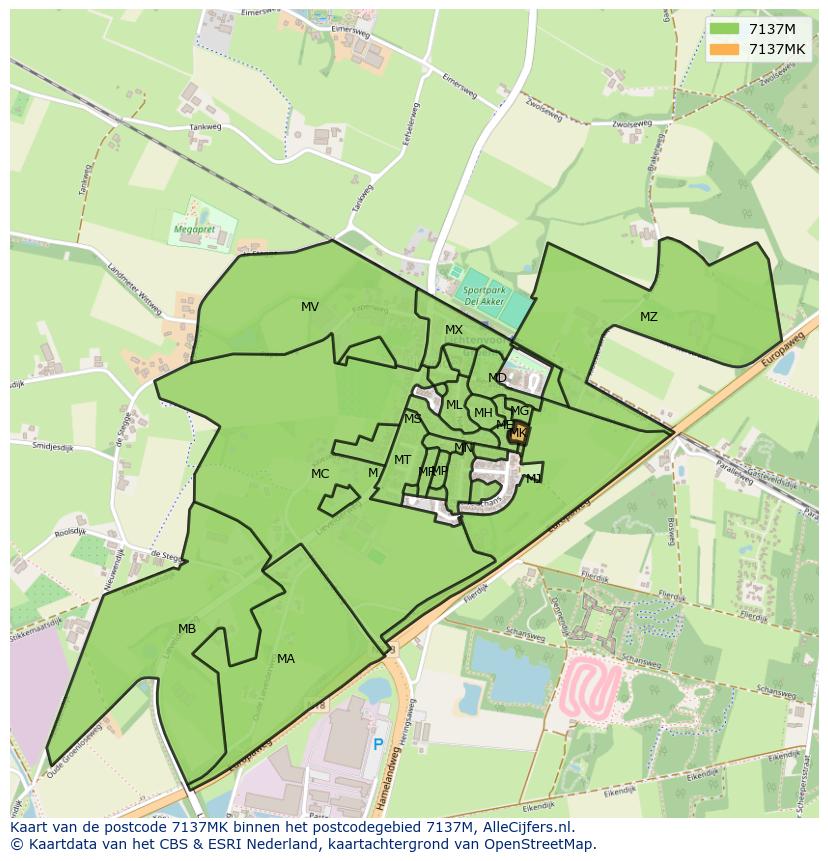 Afbeelding van het postcodegebied 7137 MK op de kaart.