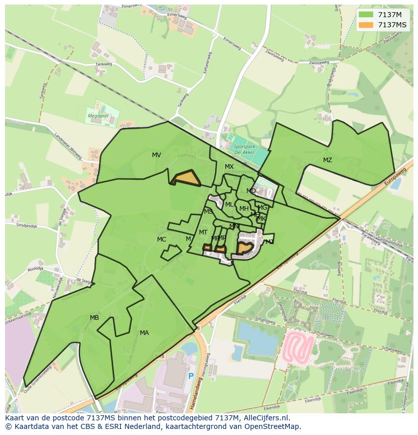 Afbeelding van het postcodegebied 7137 MS op de kaart.