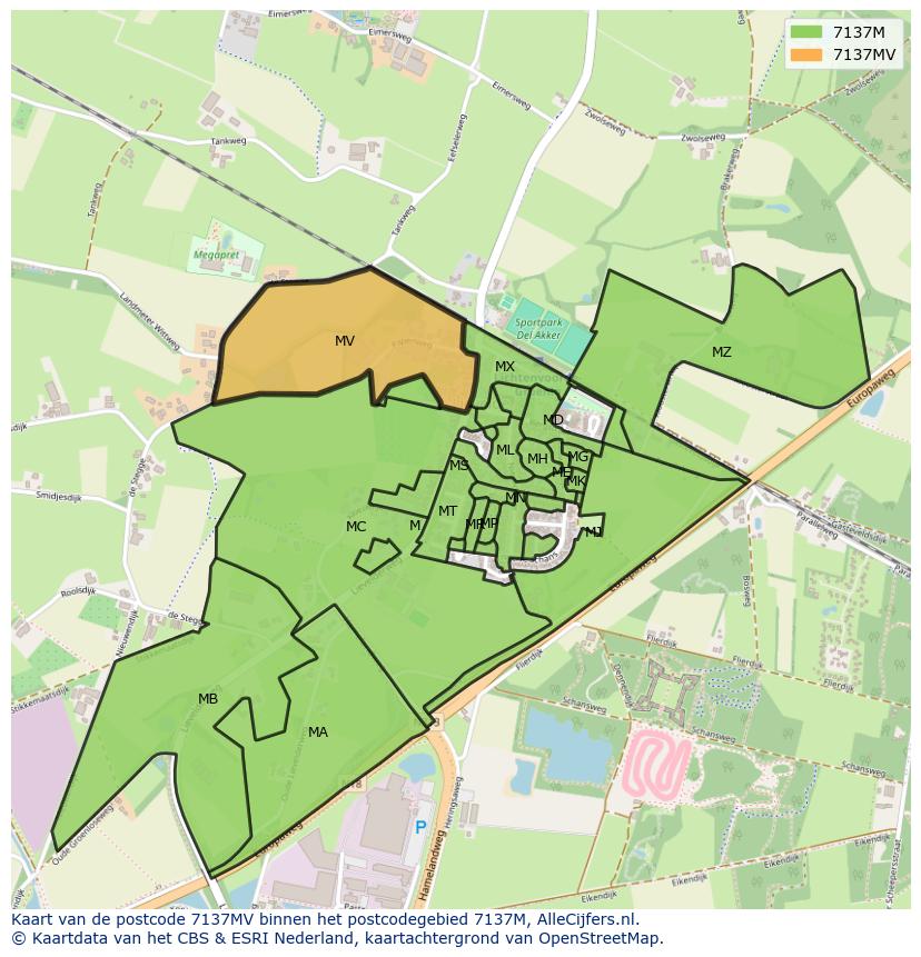 Afbeelding van het postcodegebied 7137 MV op de kaart.