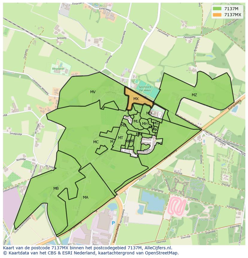 Afbeelding van het postcodegebied 7137 MX op de kaart.