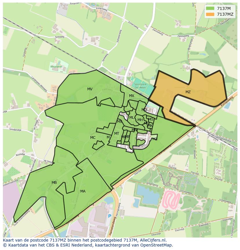 Afbeelding van het postcodegebied 7137 MZ op de kaart.