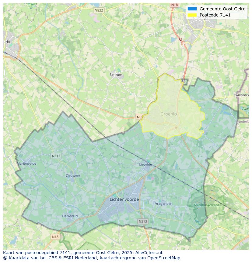 Afbeelding van het postcodegebied 7141 op de kaart.