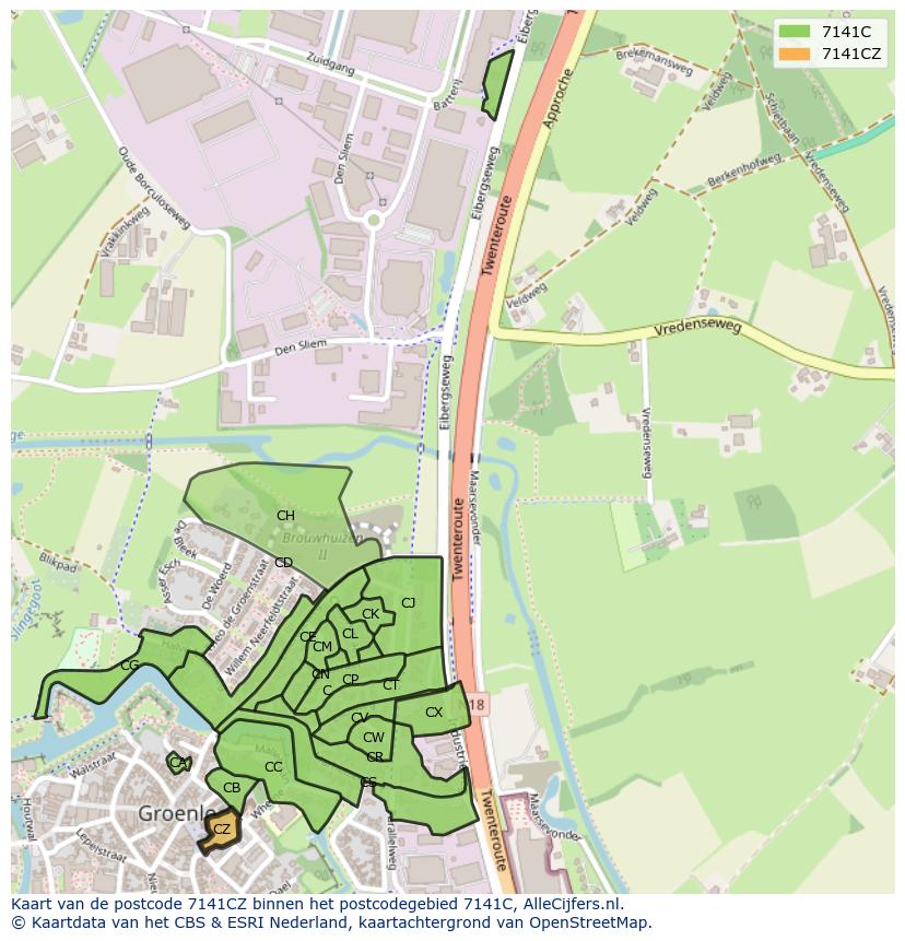 Afbeelding van het postcodegebied 7141 CZ op de kaart.