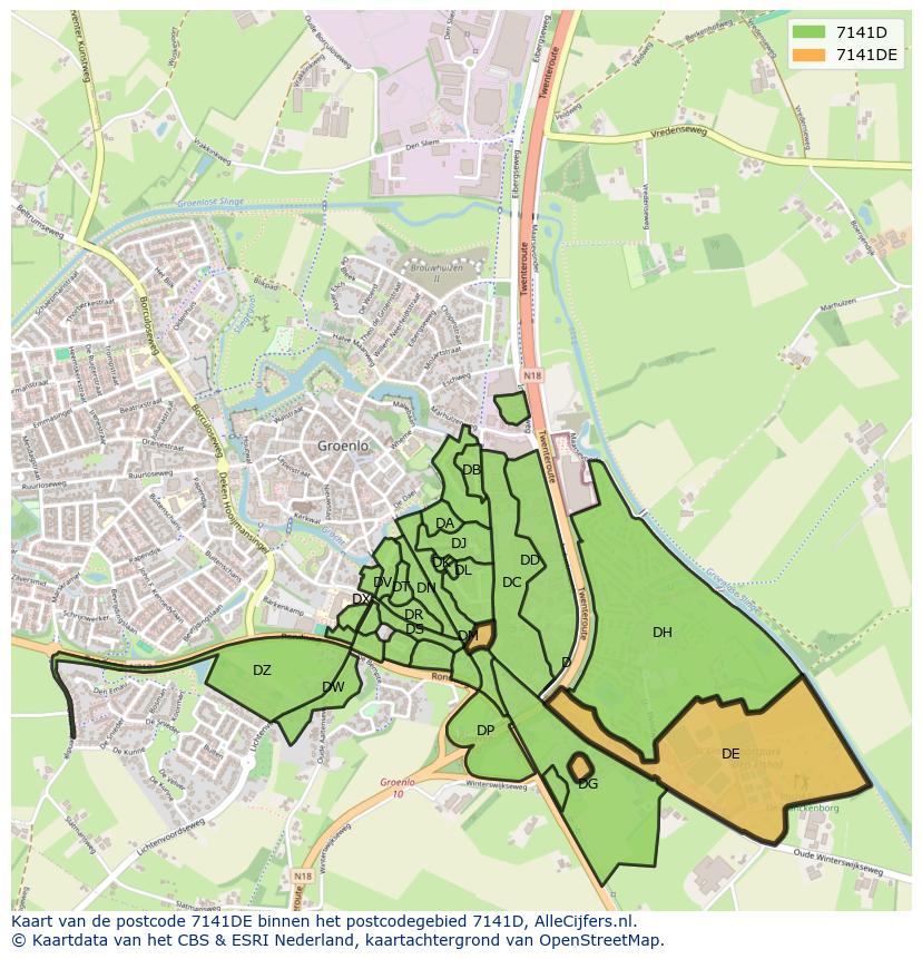Afbeelding van het postcodegebied 7141 DE op de kaart.
