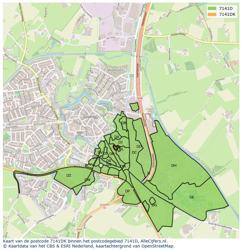 Afbeelding van het postcodegebied 7141 DK op de kaart.