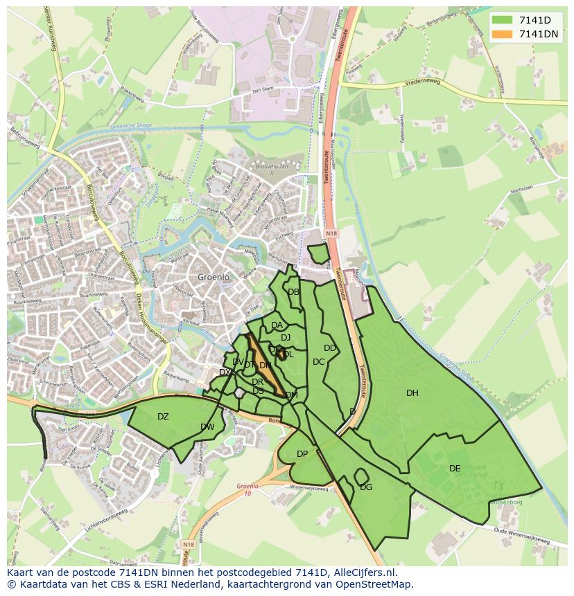 Afbeelding van het postcodegebied 7141 DN op de kaart.