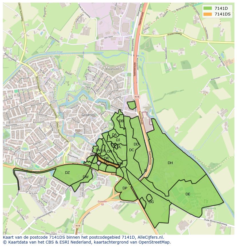 Afbeelding van het postcodegebied 7141 DS op de kaart.