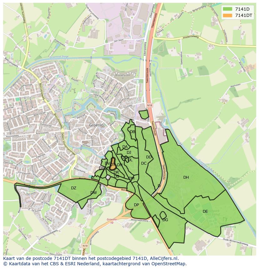 Afbeelding van het postcodegebied 7141 DT op de kaart.