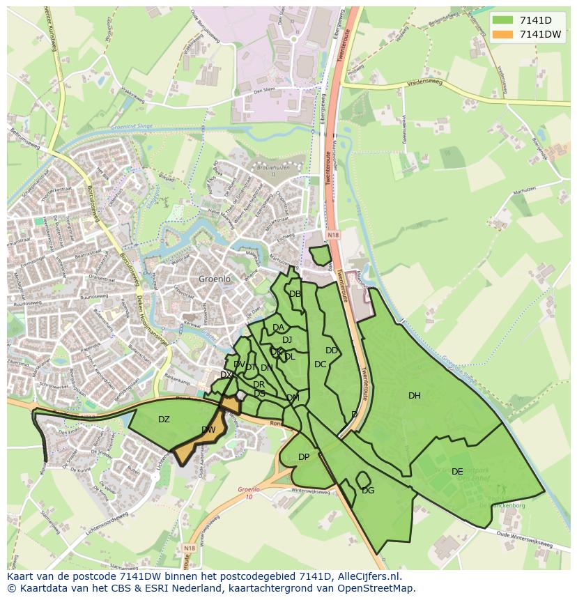 Afbeelding van het postcodegebied 7141 DW op de kaart.
