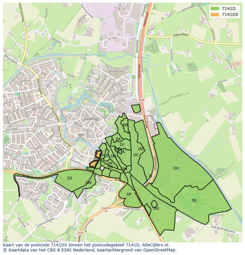 Afbeelding van het postcodegebied 7141 DX op de kaart.