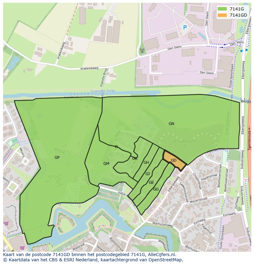 Afbeelding van het postcodegebied 7141 GD op de kaart.
