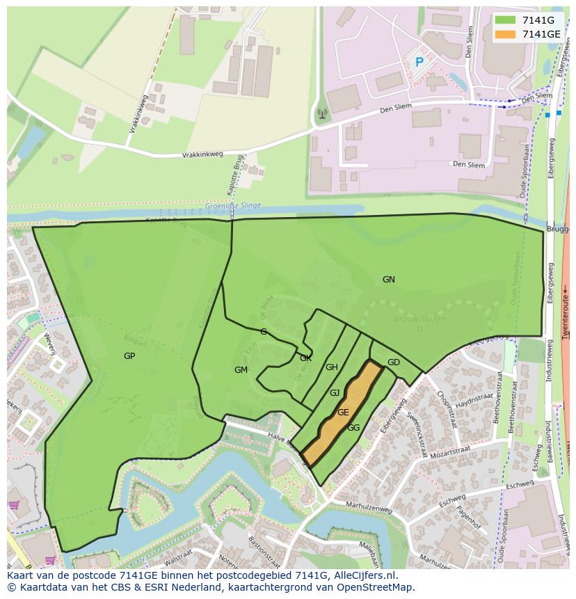 Afbeelding van het postcodegebied 7141 GE op de kaart.