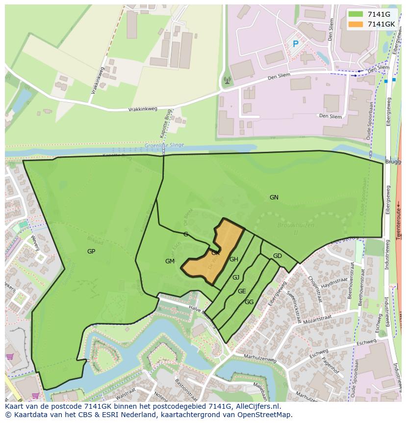 Afbeelding van het postcodegebied 7141 GK op de kaart.