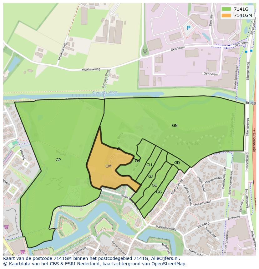 Afbeelding van het postcodegebied 7141 GM op de kaart.