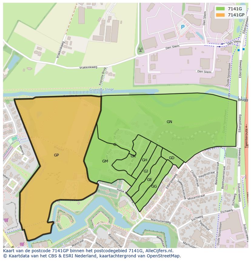 Afbeelding van het postcodegebied 7141 GP op de kaart.