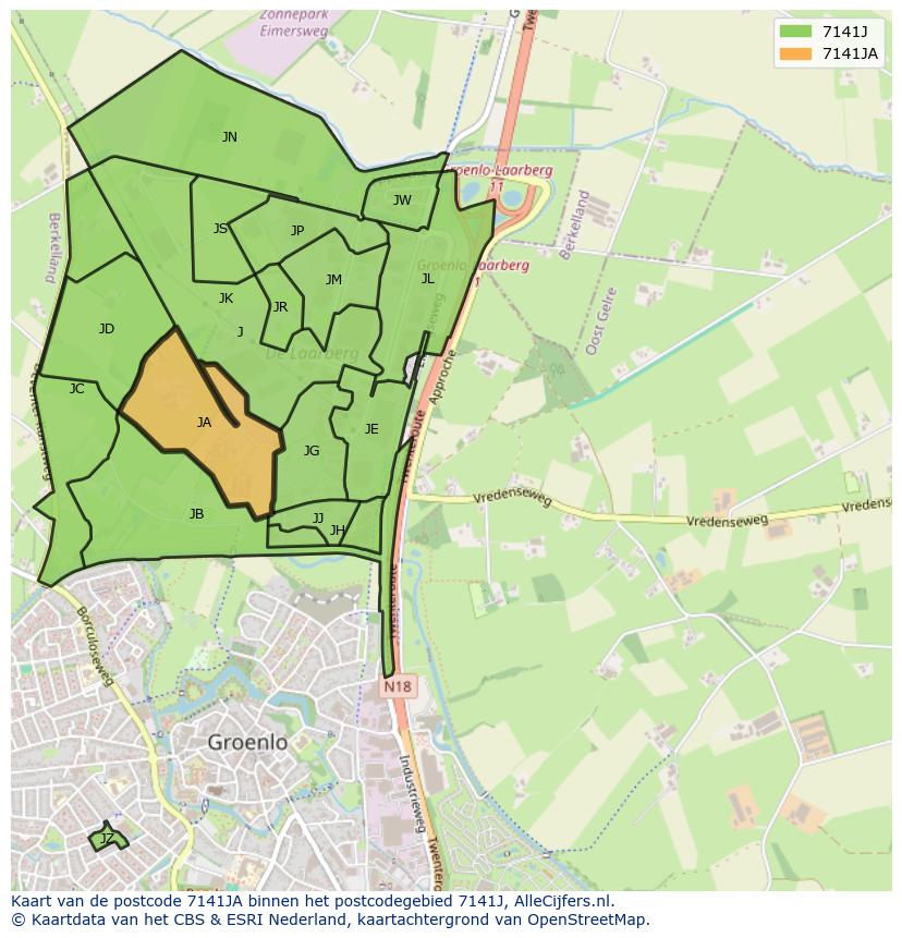 Afbeelding van het postcodegebied 7141 JA op de kaart.