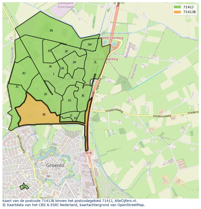 Afbeelding van het postcodegebied 7141 JB op de kaart.