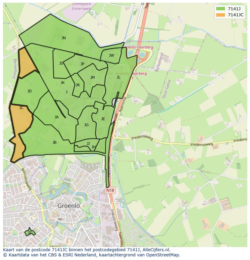 Afbeelding van het postcodegebied 7141 JC op de kaart.