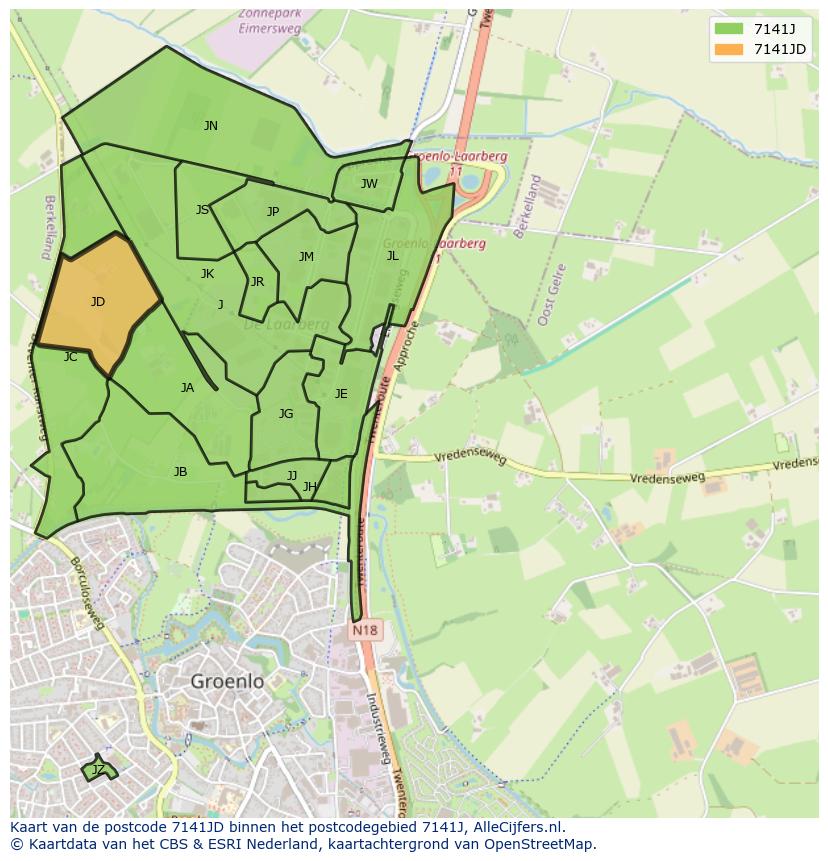 Afbeelding van het postcodegebied 7141 JD op de kaart.