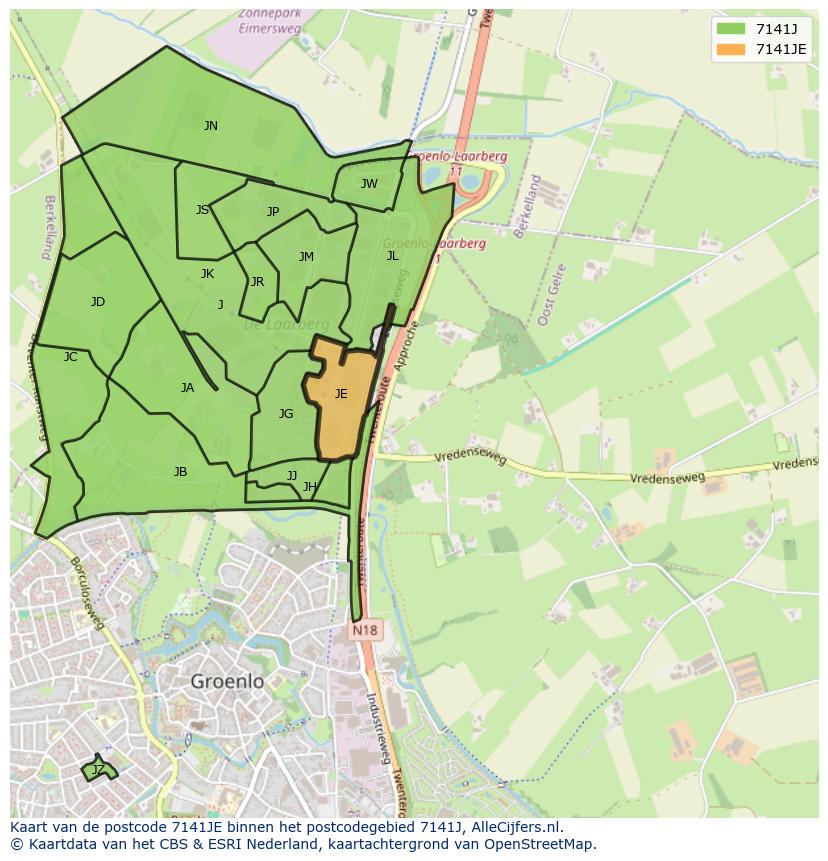 Afbeelding van het postcodegebied 7141 JE op de kaart.