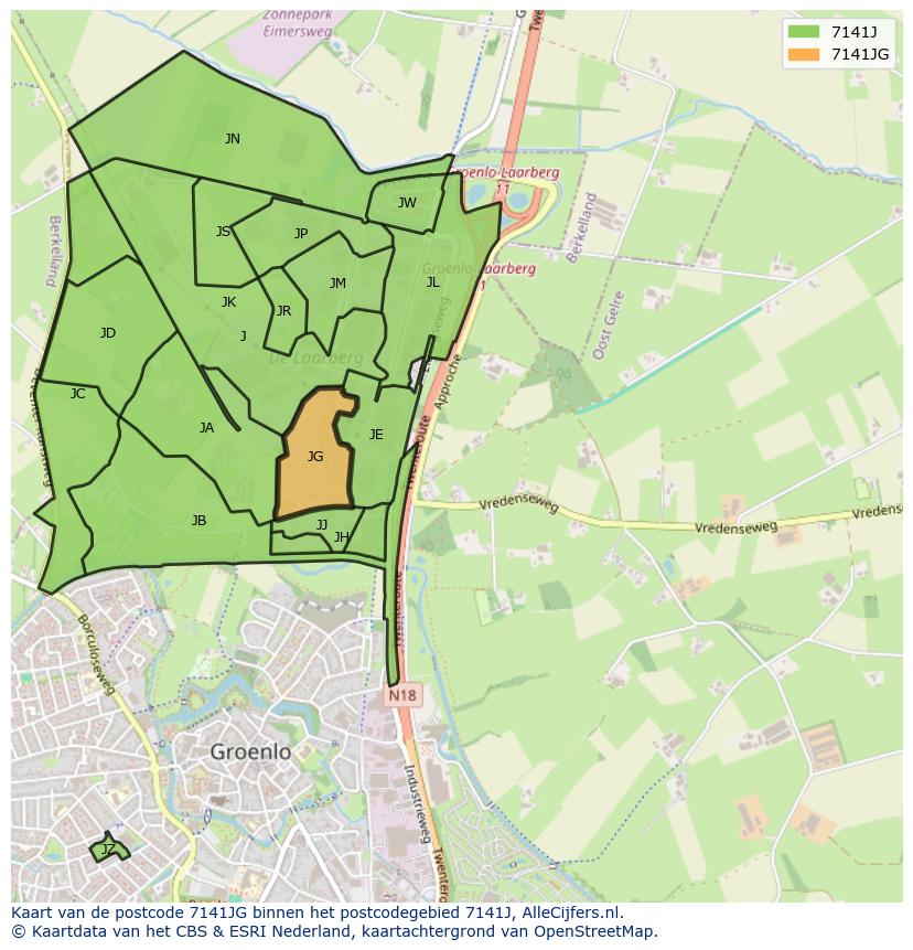 Afbeelding van het postcodegebied 7141 JG op de kaart.