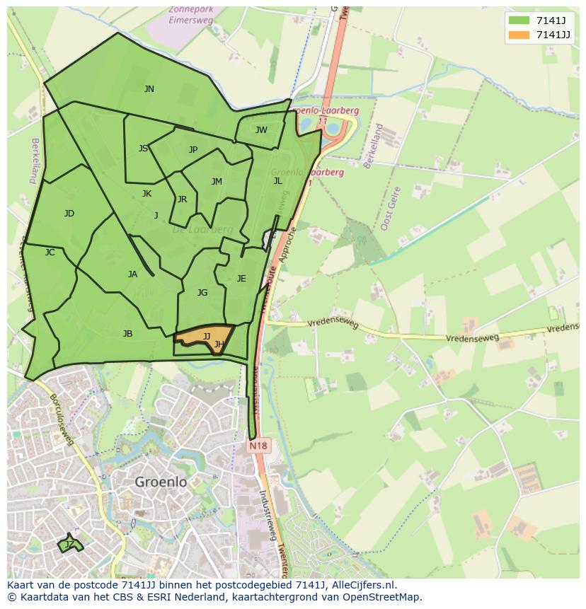 Afbeelding van het postcodegebied 7141 JJ op de kaart.