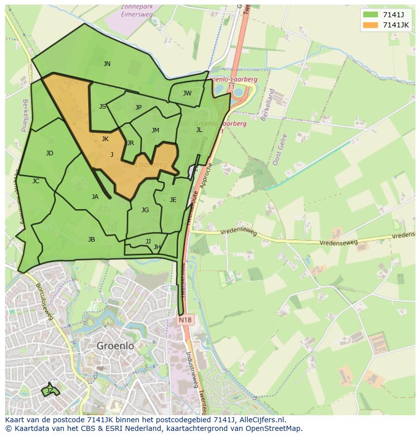 Afbeelding van het postcodegebied 7141 JK op de kaart.