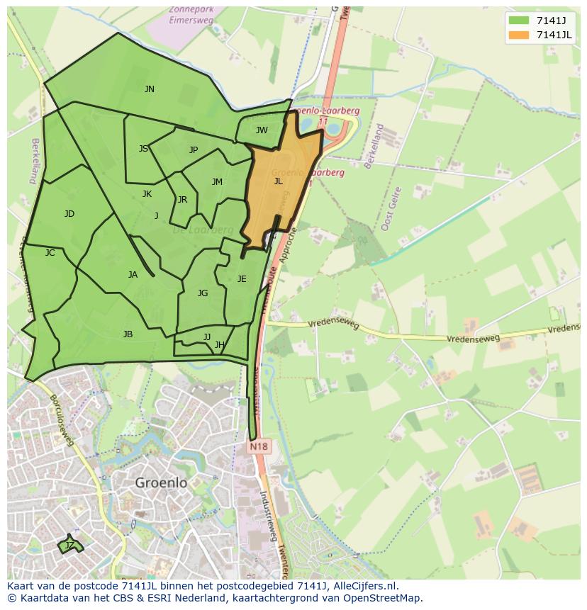 Afbeelding van het postcodegebied 7141 JL op de kaart.