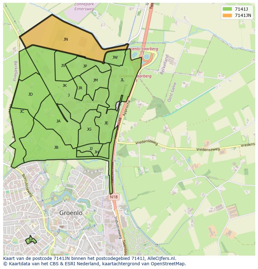 Afbeelding van het postcodegebied 7141 JN op de kaart.