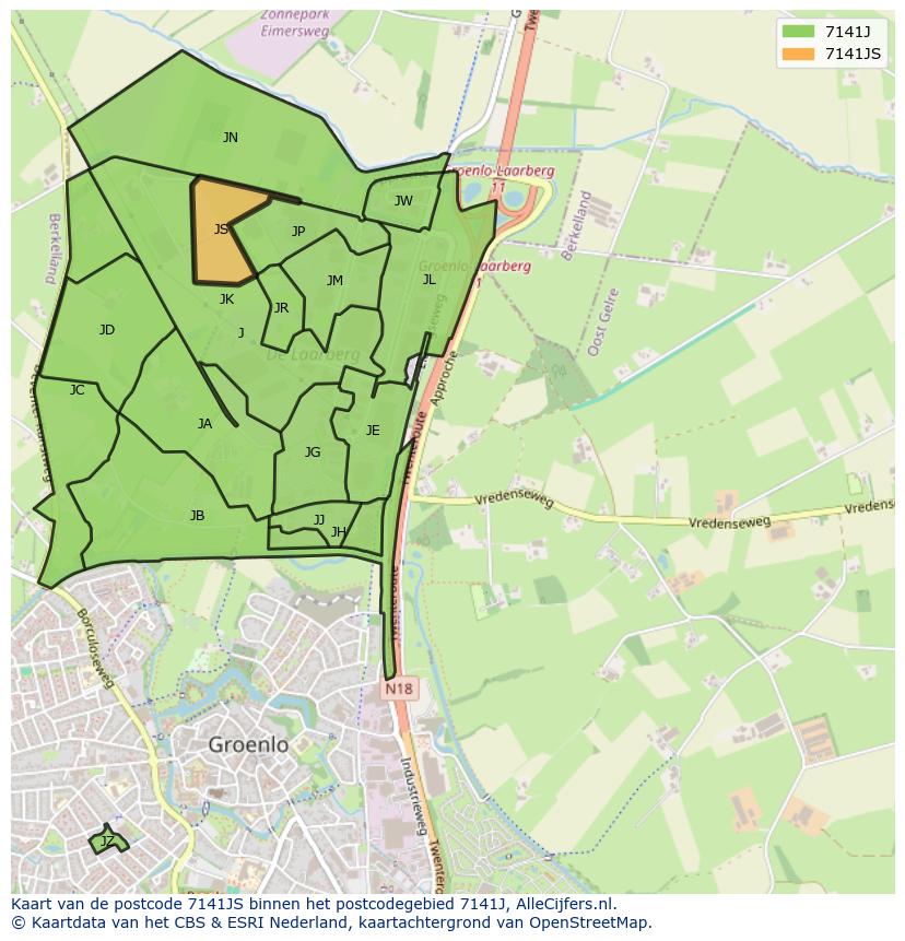 Afbeelding van het postcodegebied 7141 JS op de kaart.