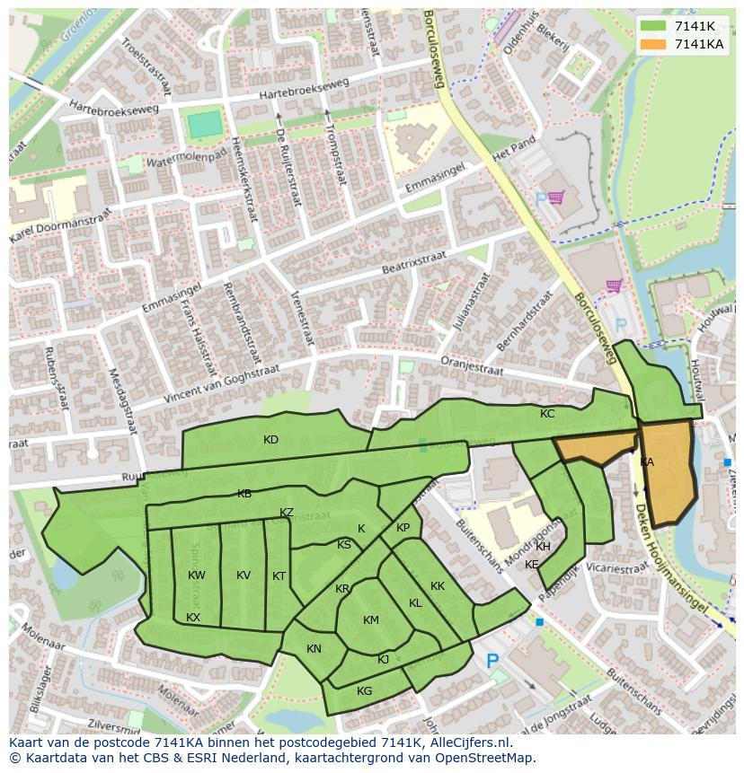 Afbeelding van het postcodegebied 7141 KA op de kaart.