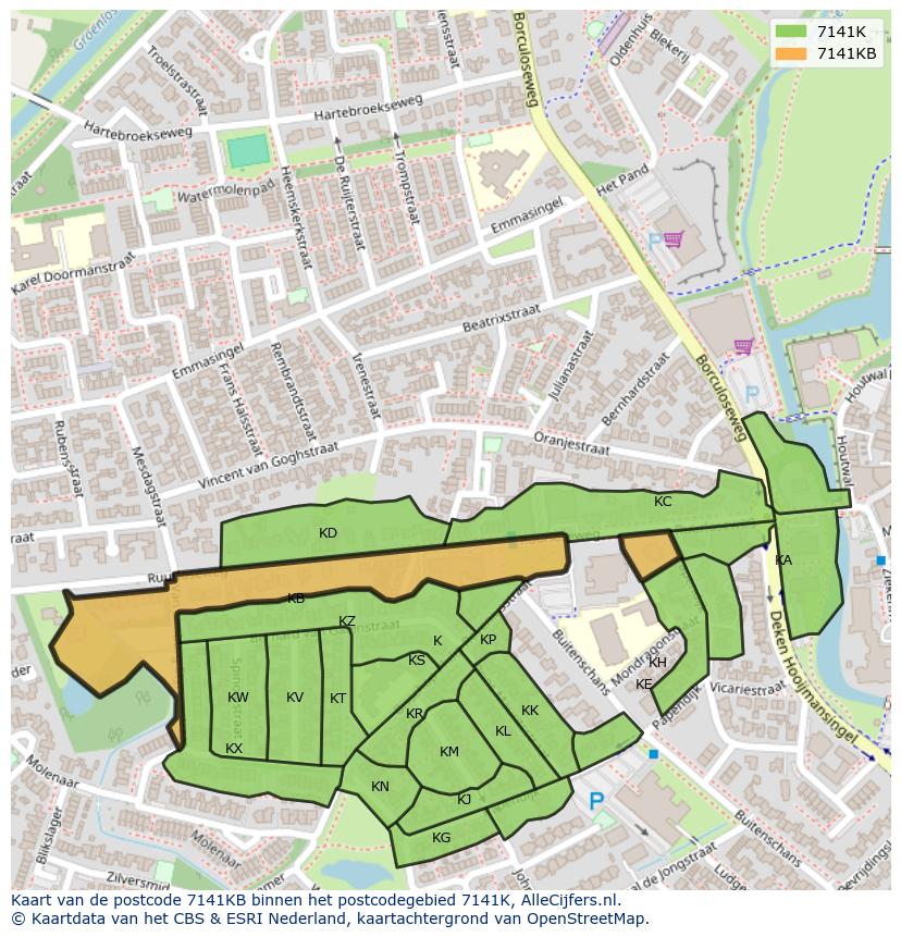 Afbeelding van het postcodegebied 7141 KB op de kaart.