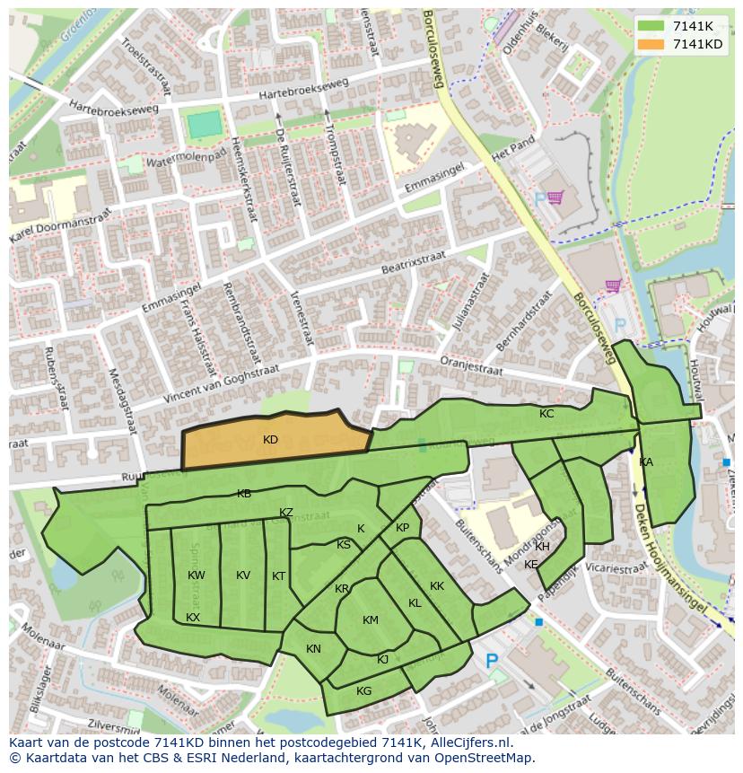 Afbeelding van het postcodegebied 7141 KD op de kaart.