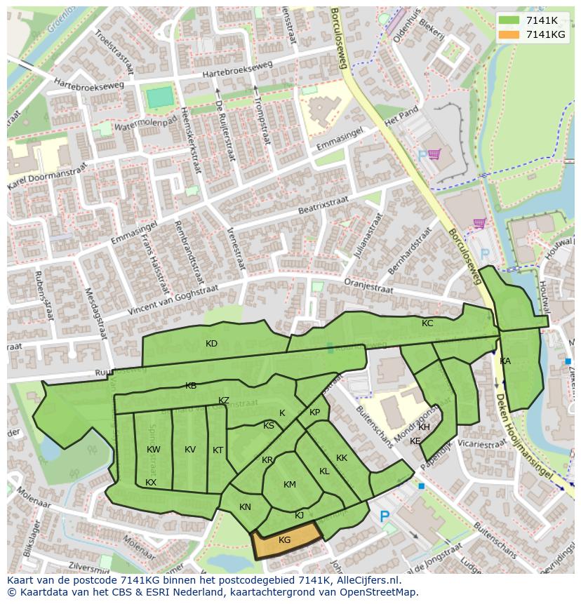 Afbeelding van het postcodegebied 7141 KG op de kaart.