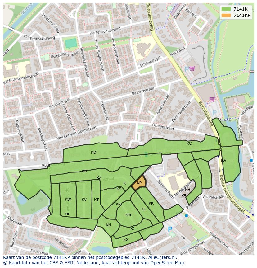 Afbeelding van het postcodegebied 7141 KP op de kaart.