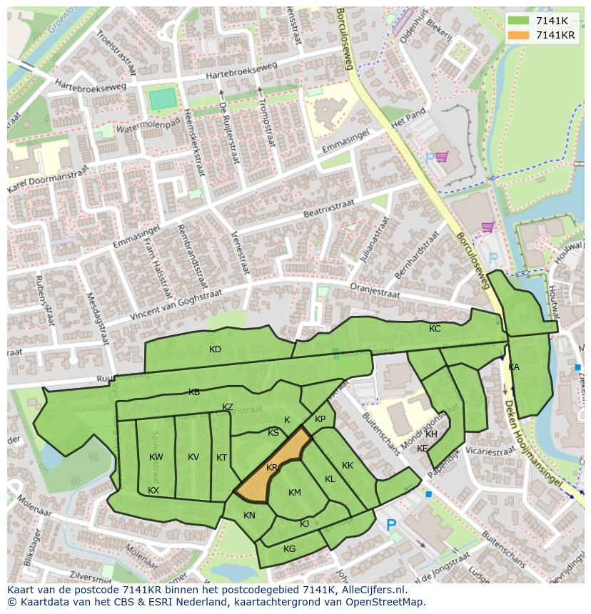 Afbeelding van het postcodegebied 7141 KR op de kaart.