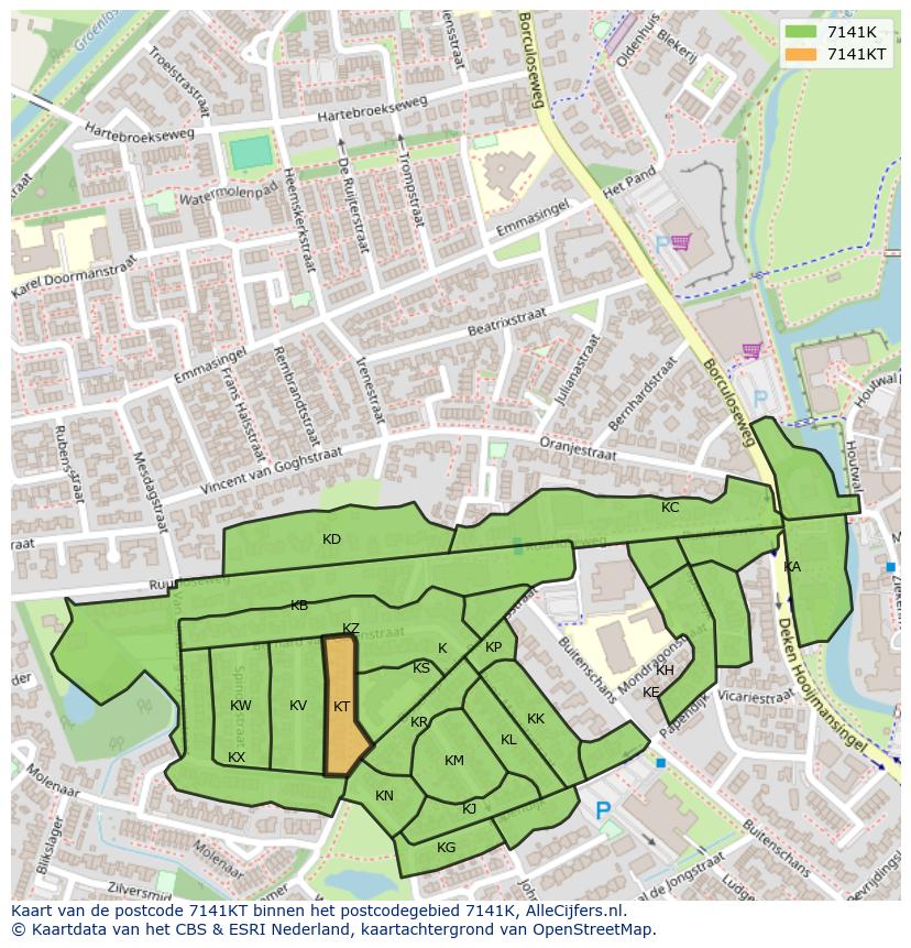 Afbeelding van het postcodegebied 7141 KT op de kaart.