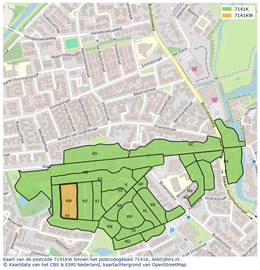 Afbeelding van het postcodegebied 7141 KW op de kaart.