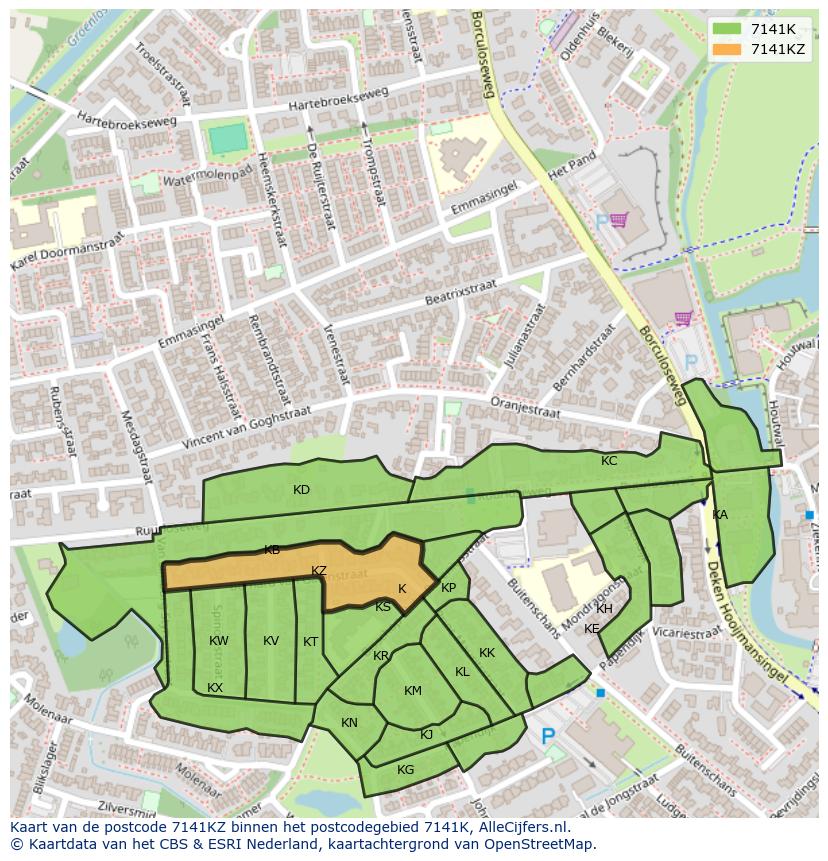 Afbeelding van het postcodegebied 7141 KZ op de kaart.