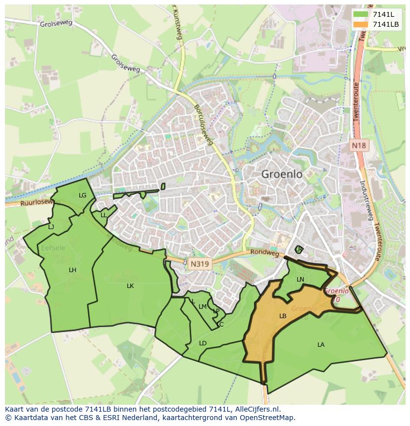 Afbeelding van het postcodegebied 7141 LB op de kaart.