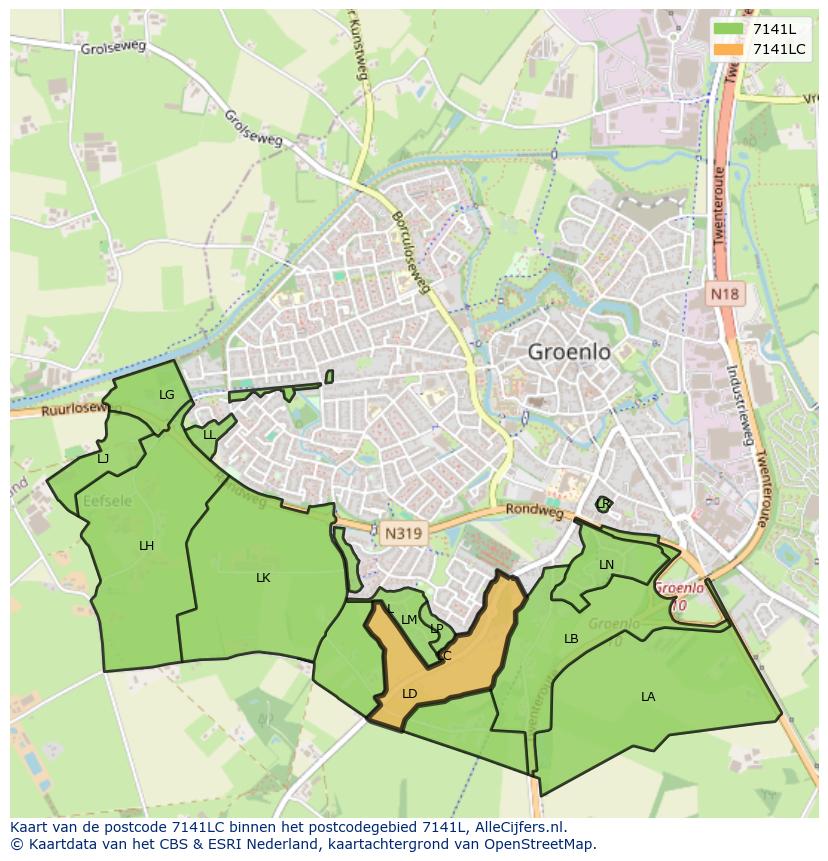 Afbeelding van het postcodegebied 7141 LC op de kaart.