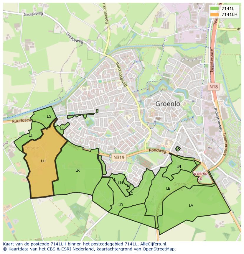 Afbeelding van het postcodegebied 7141 LH op de kaart.
