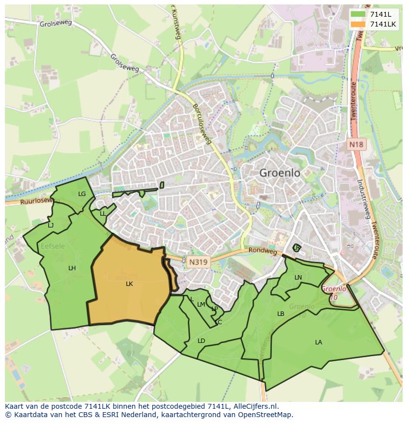 Afbeelding van het postcodegebied 7141 LK op de kaart.