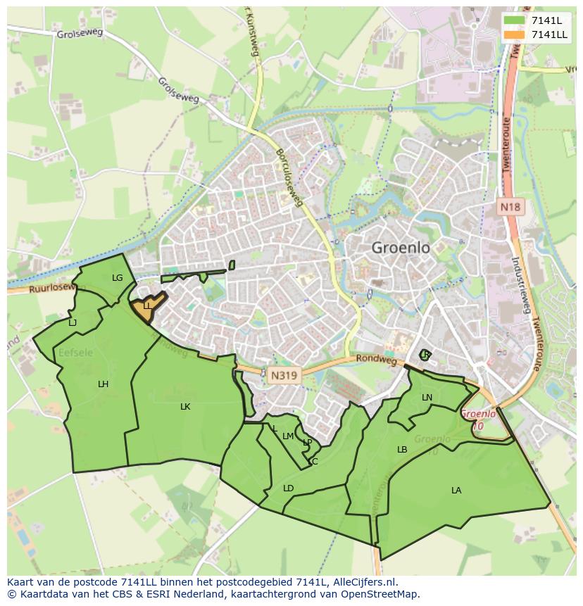 Afbeelding van het postcodegebied 7141 LL op de kaart.